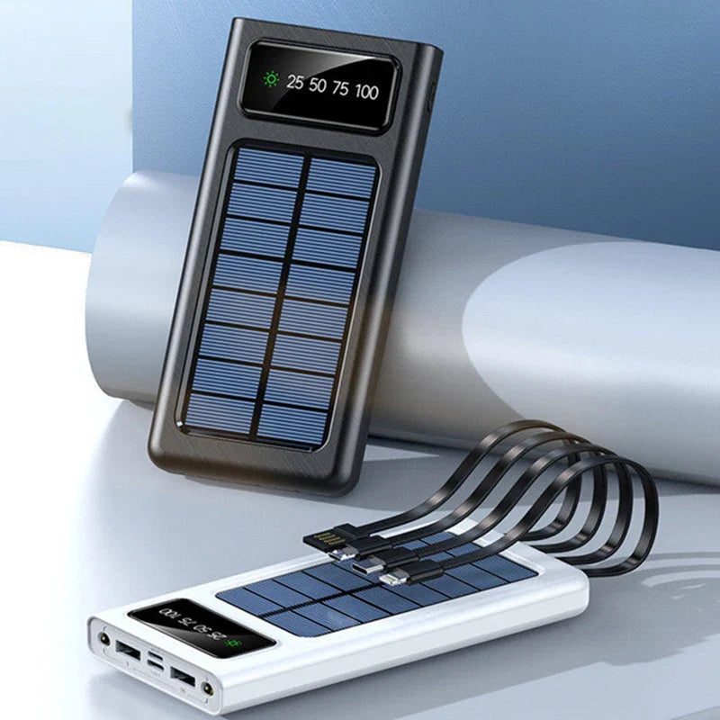 20000/30000mAh  Solar Power Bank LED Light   Large Capacity Fast Charging Battery With 4-Cables Outdoor Power Bank