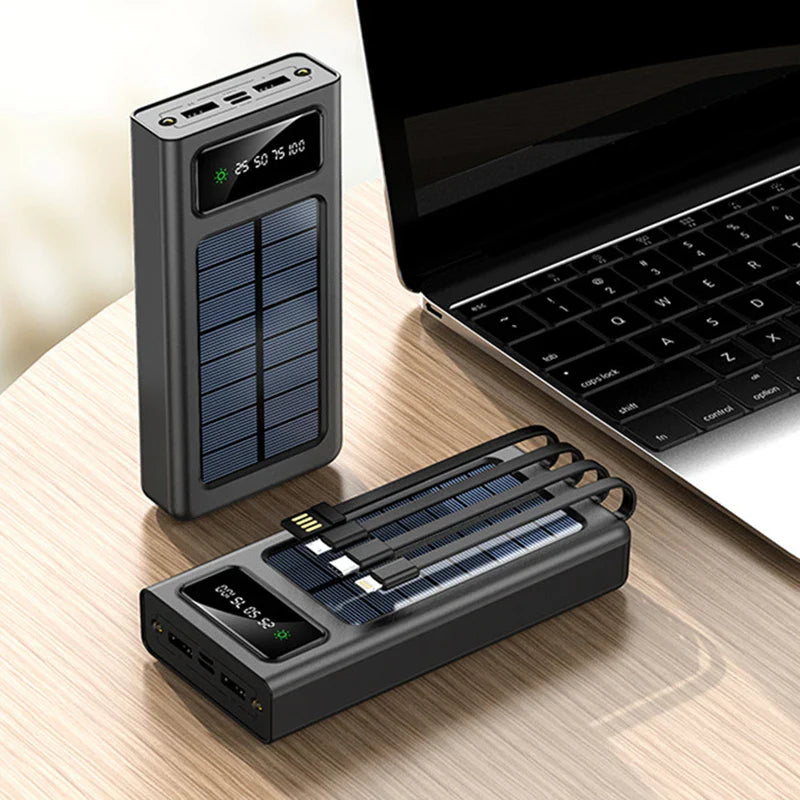 20000/30000mAh  Solar Power Bank LED Light   Large Capacity Fast Charging Battery With 4-Cables Outdoor Power Bank